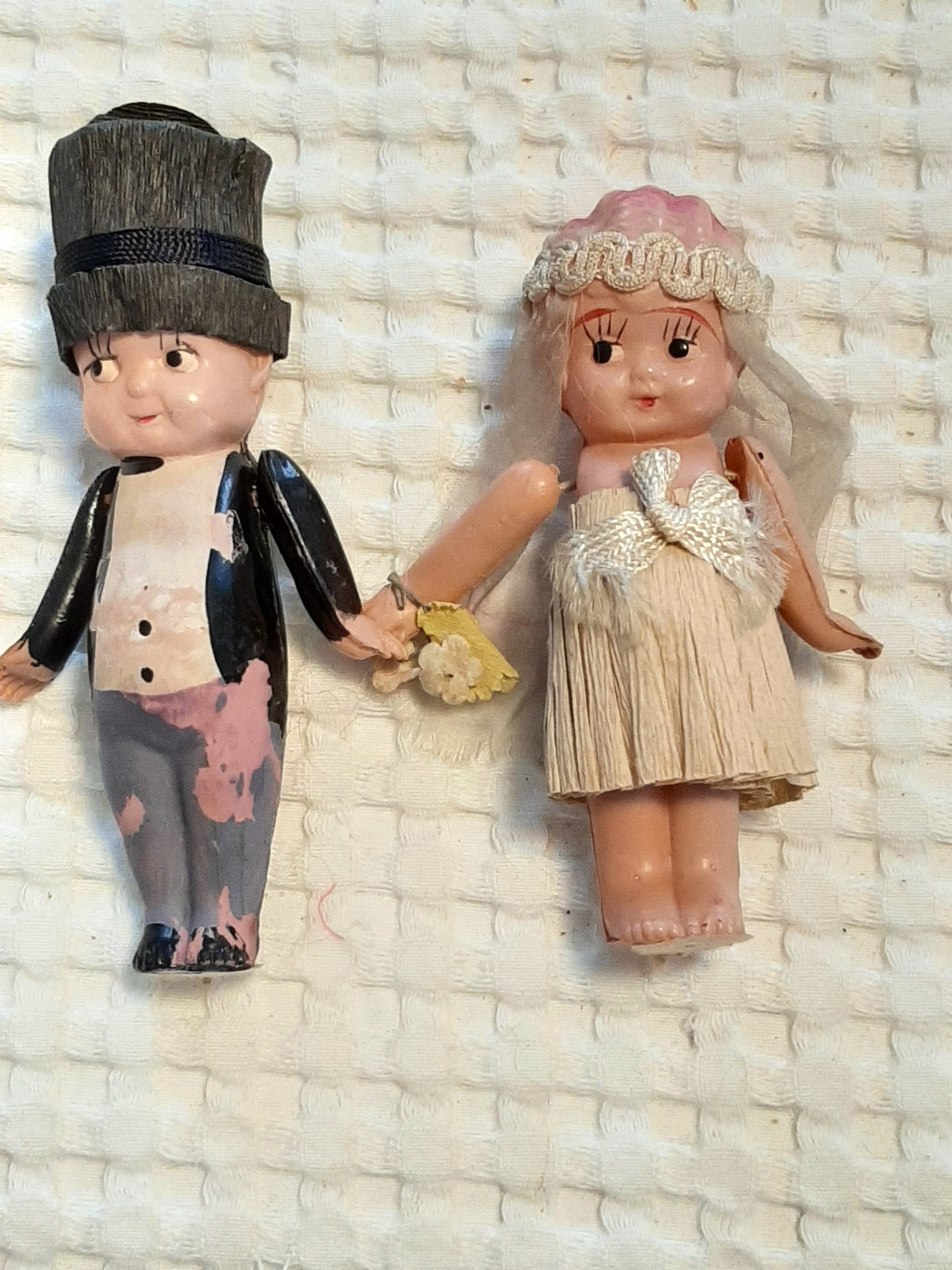 Celluloid Kewpie Bride and Groom Wedding Couple Cake Topper 1930's