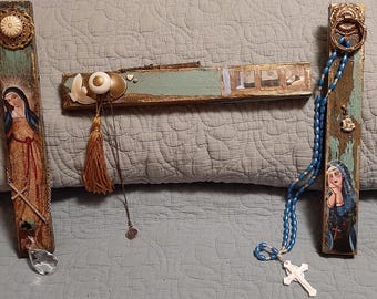 Recycled wood wall plaques Rosery Cross angels and nuns Multi media and found objects 11in x 1.5in x 1in Multi media Hand crafted wall art