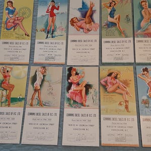 Vintage Pin up Kalender Kanadischer Pin up Werbekalender 3 Monatskalender Girliebilder 1950er Girliekalender Cumins Diesel Pin up