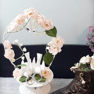 Vintage Wedding cake topper Doves bells and silver rings cake decoration Wedding decorations Cake topper Crafting supply Fabric flowers
