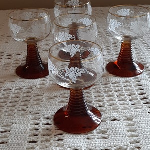 Set of 5 Vintage Schott Zwiesel Amber beehive stemmed wine glass/goblets. Etched with a grape design. German Romer glasses. 4.5 "tall.