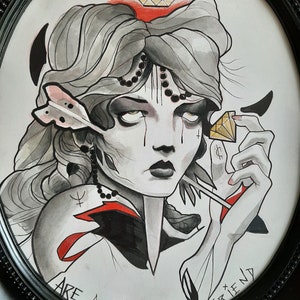 Diamond are a girls best friend. Original watercolor and ink sketch by Canadian artist Alex Black. Bordered by a vintage oval frame.