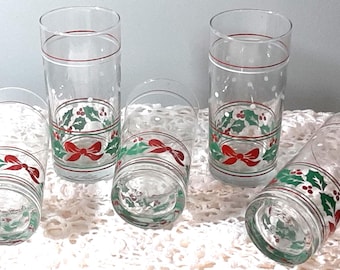 Verres de Noël vintage Libby Holly Berry Gobelets de Noël Avec un design rouge et vert festif avec des feuilles de houx rouges