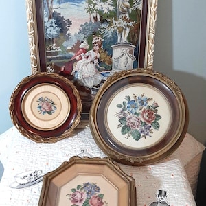 4 Vintage and antique needlepoint petit point embroidery all in gild frames Oval wood frames Romantic couple fiber art Floral needlework