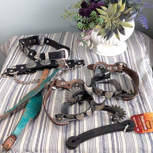 Può includere: Una collezione di attrezzatura equestre che include una testiera in pelle nera con conchos color argento, un paio di speroni in pelle marrone con rotelle in metallo e dettagli a forma di cuore, un cinturino in pelle turchese usurata e un cinturino in gomma nera.
