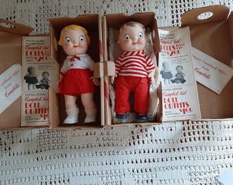 Authentique poupées pour enfants soupe Campbell/s [caoutchouc] avec papiers d'origine et boîte aux lettres. En excellent état. Fabriqué aux États-Unis dans les années 1970. 10 pouces