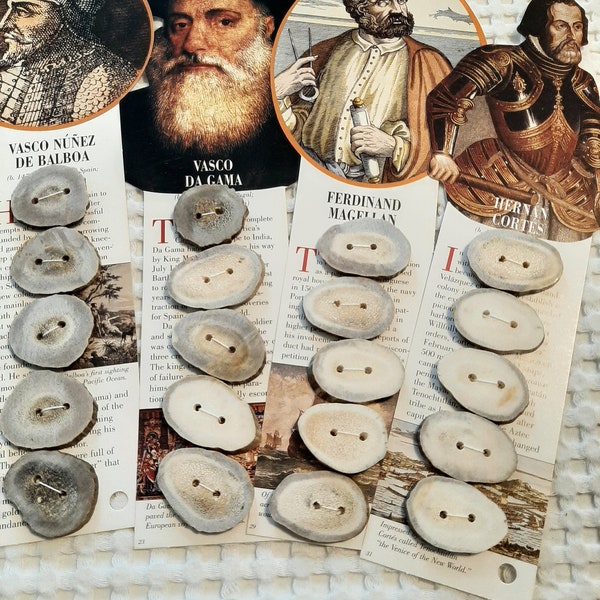 Ethically sourced deer antler beads, mounted on historical explorer cards. Great for knitting, jewelry making, pagan and witch crafts.