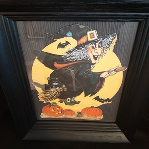 Paper Halloween hanging decoration  In a vintage matt black wood  frame Vintage spooky decor Cute witch Framed art witch Bats Party decor