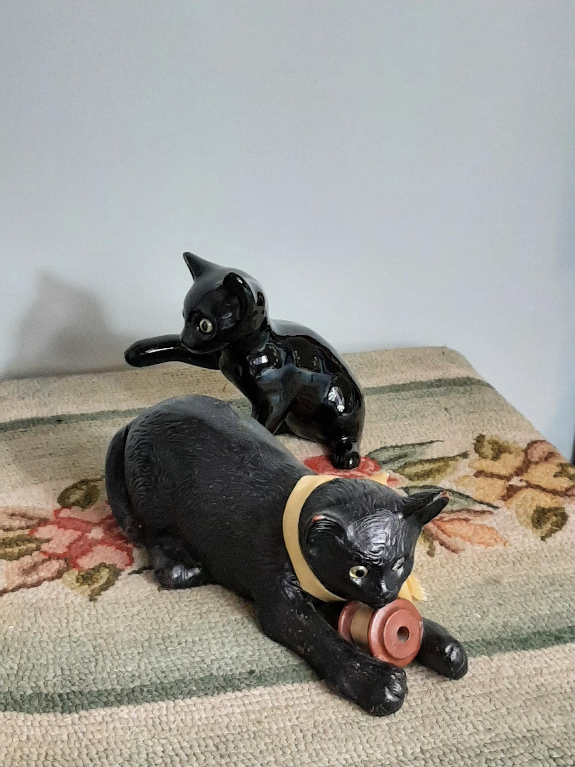 Terracotta Pottery Black Glazed Cats Cat Spool of Thread Playful