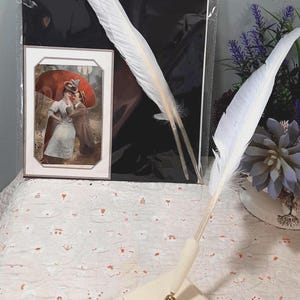 Authentische echte weiße Feder Schreibfeder Set-2 mit Anleitung und eine antike Postkarte Verpackt für Geschenk geben Brautstift