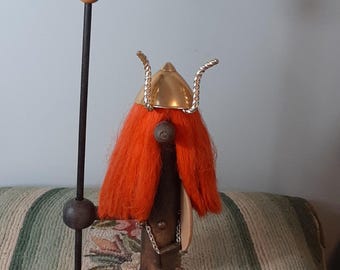 Large Vintage Viking folk art Midcentury Modern  Made in Spain Teak figure Warrior Wooden shield with bull Horned Helmet Fuzzy orange hair