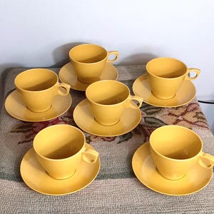 6 Melmac cup and saucers Olive green cups and saucers Melmac  Melamine Dinnerware camping gear Cabin kitchenware Travel dinnerware Canadian