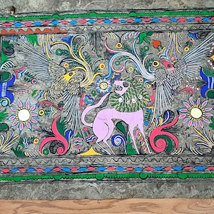 Large vintage Mexican Amate bark painting Mexican folk art Traditional Mexican art A colorful depiction of birds-lion-flowers Hand crafted