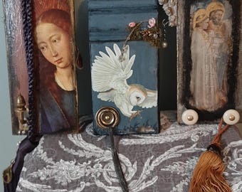 Hand crafted wall art  Reclaimed wood wall plaques and hooks Owl-Saint-Couple Multi media and found objects 11in x 4in x 1in[average]Unique