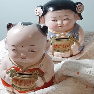 Vintage Asian themed coin banks Piggy Banks with original stoppers Clay figurines  Asian children figures  Hand painted Plaster coin banks