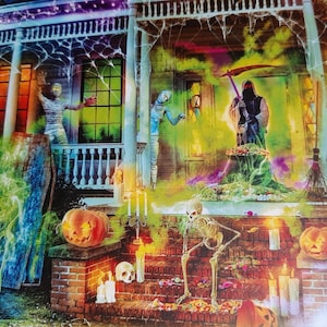 May include: A vibrant Halloween scene depicting a haunted house with spooky decorations. The image includes a skeleton, carved pumpkins, a mummy, and a grim reaper. The house is adorned with cobwebs and eerie lighting, creating a chilling atmosphere.
