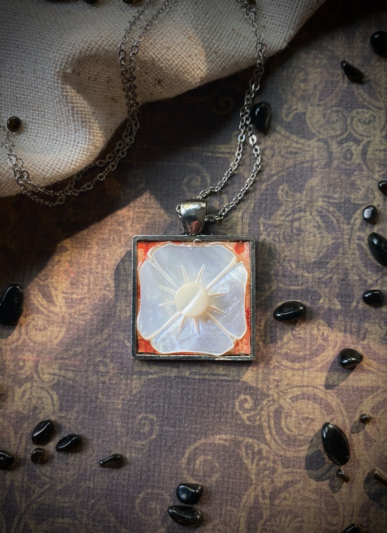 Shell Button Flower Pendant Necklace Antique Unique Feminine Oddity Gift Upcycled Square Floral Victorian Classic Vintage