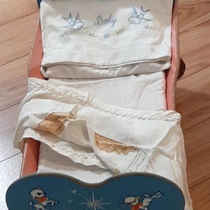 Vintage Wooden Doll cradle Vintage decal graphics Rocking cradle 1940 child toy Doll bed cradle Doll rocker Vintage linens Doll furniture