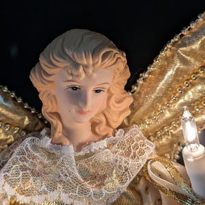 Lighted angel Vintage Christmas tree angel topper Porcelain angel wearing an ivory and gold gown.