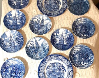 Vintage 1970's Liberty blue Staffordshire ironstone dish set Blue and white transferware Dinnerware Made in England  American historical set