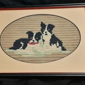 Vintage needle work with matte and frame  2 Best friends. Dogs. Puppies Embroidery  Crewel embroidery Hand stitches Good vintage condition