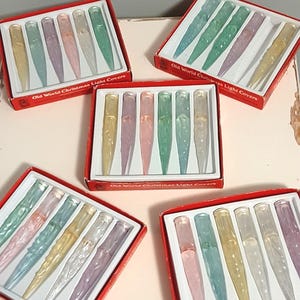 Vintage frosted glass Old World Christmas light covers Boxed set 6 per box Glass icicle light cover is 5" long Pastel hues Christmas decor image 1