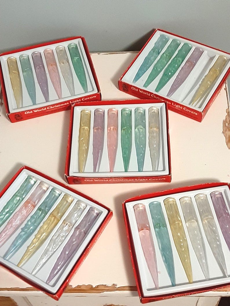 Vintage frosted glass Old World Christmas light covers Boxed set 6 per box Glass icicle light cover is 5" long Pastel hues Christmas decor image 1