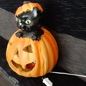 ジャック・オー・ランタンと黒猫がハロウィーンのライトを照らします。軽いフォームと手描きのカボチャランプで作られており、不気味でかわいい季節の装飾です。