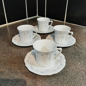 Vintage porcelain cup and saucers Set of 4.Tirschenreuth Bavaria Germany Boronesse  Nicole pattern  White grey flower design Dinnerware