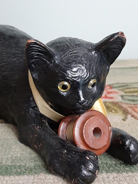 Terracotta Pottery Black Glazed Cats Cat Spool of Thread Playful