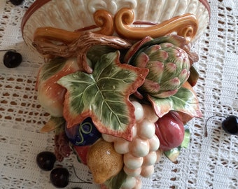 Vintage Fitz and Floyd Venetian Romance hanging wall pedestal/ shelf with grapes, leaves and fruit. Excellent condition/mint. Ready to hang.