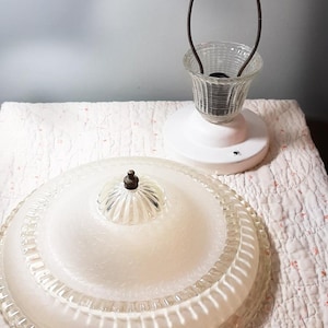 Vintage Art Deco white and clear glass light cover with ceiling mount Glass ceiling light shade Lamp part  Light fixture Part replacement