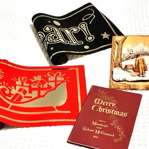 Weihnachtsartikel Frohe Weihnachten Banner Frohes Neues Jahr Banner Handgeschnitzte Holztafel 1953 Edelsteine der Literatur und Lied Ex Zustand 4er Set