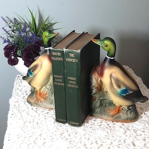 Könnte beinhalten: Paar Enten-Buchstützen in Beige-, Grün- und Brauntönen, mit orangefarbenen Füßen und weißem Kragen. Sie halten zwei grüne Hardcover-Bücher. Die Buchstützen sind ein dekorativer Artikel.