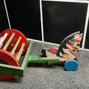 Vintage pony pull toy Vintage hand painted folk art Round cage rolls and wooden balls inside bounce around  Child&#39;s toy  Horse Horsey Farm