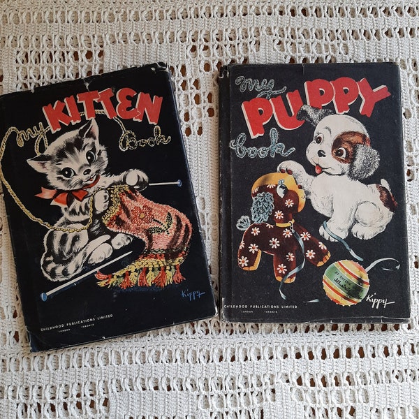 Original vintage hard covered books-1940's My little puppy book and My little kitten book. Color illustrations. Sold as a pair. Sheena Morey