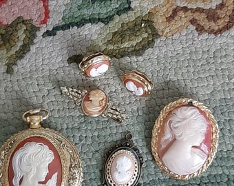 Cameo jewelry Cameo make up compact Cameo pin Cameo pendant Shell cameos earrings  Vintage cameos Jewelry Costume jewelry collectables