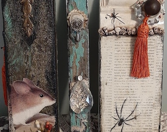 Hand crafted wall art Reclaimed wood wall plaques Field mouse-spiders-Stag Multi media and found objects 11in x 4in x 1in[average]Oddity