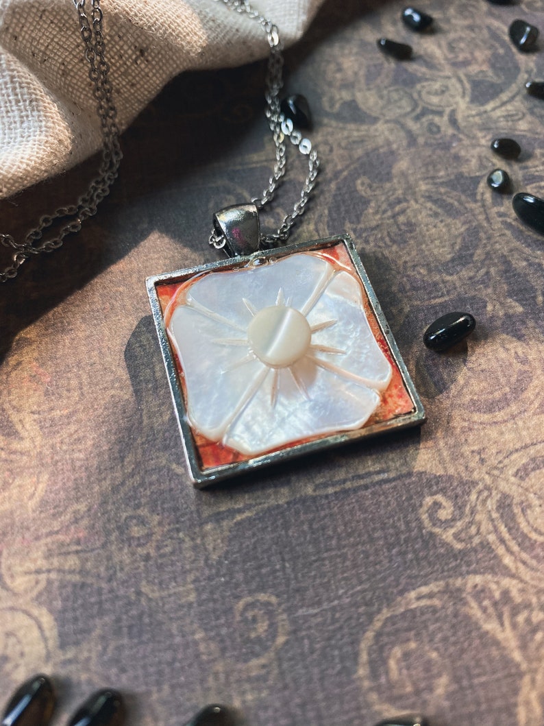 Shell Button Flower Pendant Necklace Antique Unique Feminine Oddity Gift Upcycled Square Floral Victorian Classic Vintage