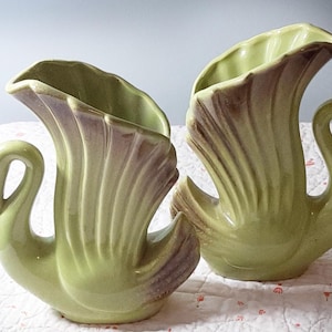 A pair of Vintage Midcentury Modern swan vases Green and brown ceramic swan planters Art Deco style 6.5 inches tall Home decor Retro Ex cond