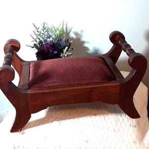 Antique upholstered foot stool Double handle solid wood frame American country style Antique ottomanExcellent condition Wine/burgundy fabric