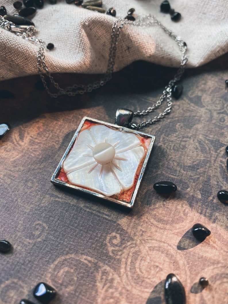 Shell Button Flower Pendant Necklace Antique Unique Feminine Oddity Gift Upcycled Square Floral Victorian Classic Vintage
