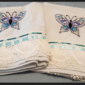 Vintage pair of cotton/poly blend pillowcases Hand embroidered crochet trim Ribbon accent Vintage hand stitch Vintage wedding gift Grey/blue