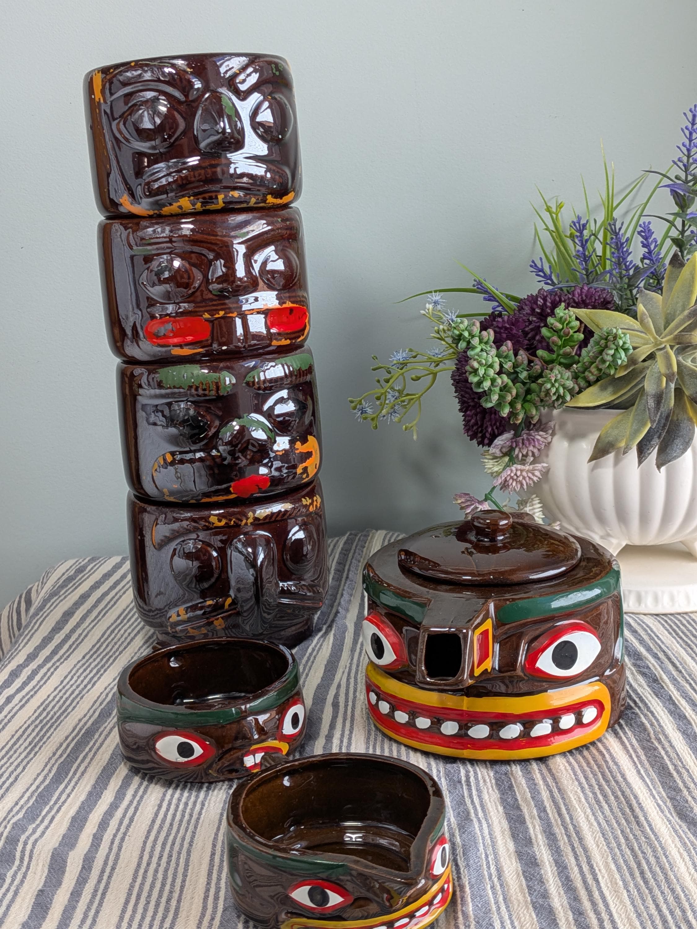 【マテ茶】アンティーク 家具 Tea Pot Victorian Ceramics Vintage 1970's Totem Pole Tea Set Made