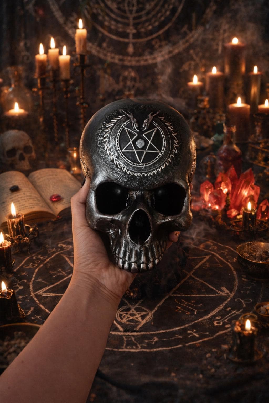 Autel En Bois Pentacle Sculpture - Style Magie Noire Démon - Fait Main En Inde 8 Pouces