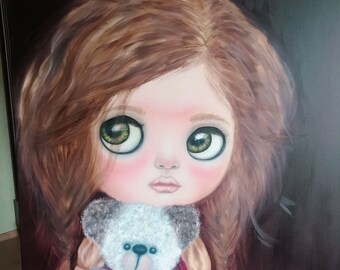 Blythe Doll Oil Painting, Big Eyes Surreal Gothic Portrait, Canvas Wall Art