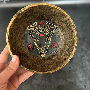 Baphomet Sulfur Ritual Bowl – Satanic Altar Plate Witchcraft, Demon Offerings Occult Decor Handcrafted