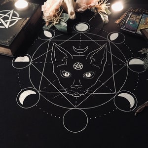 Nappe d'autel de chat et de lune Outil de divination Accessoires de sorcellerie de divination Fabriqué à la main