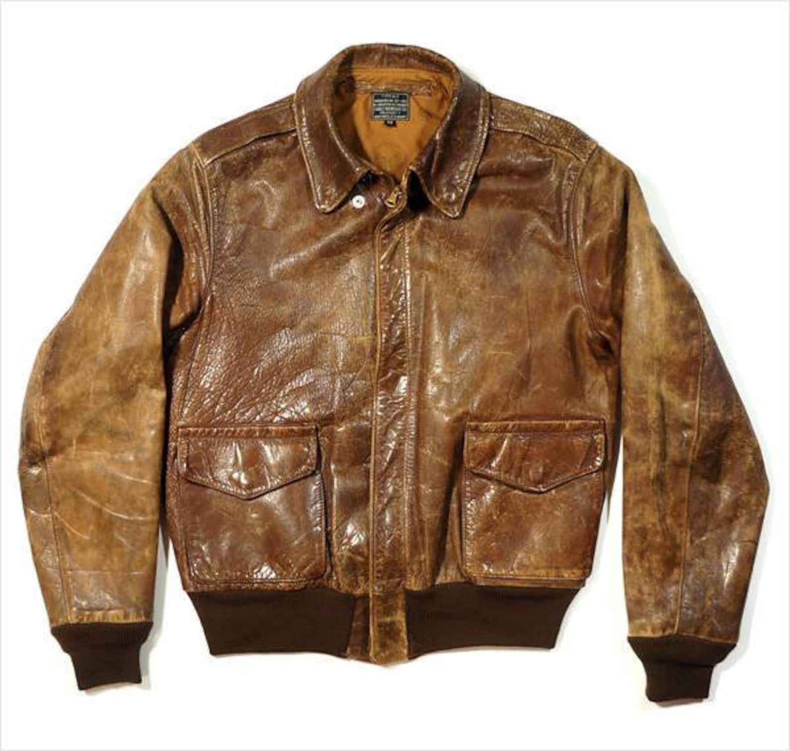 A2 vintage military mens leather jacket distressed brown real Etsy