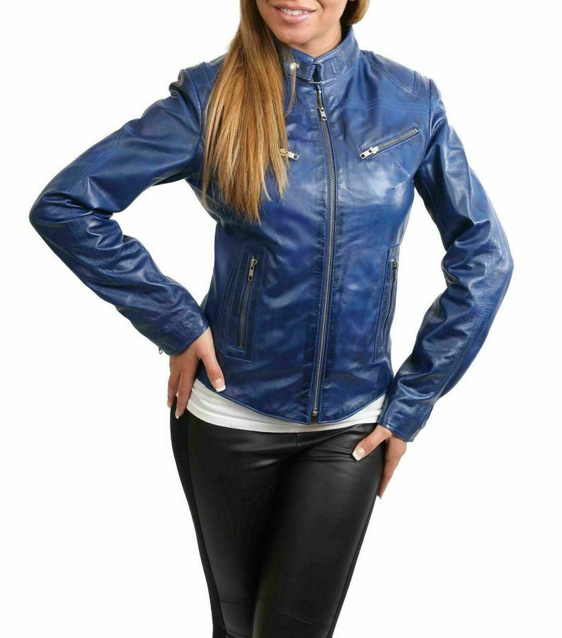Blue biker leather jacket women/'s slim fit cropped style wax real sheepskin leather distressed coat